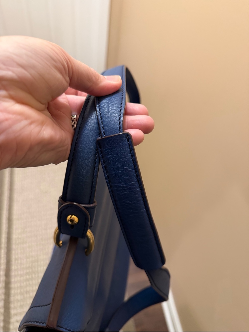 MCM Blue Leather Top-Handle Satchel Bag with Gold Hardware - Picture 14 of 15